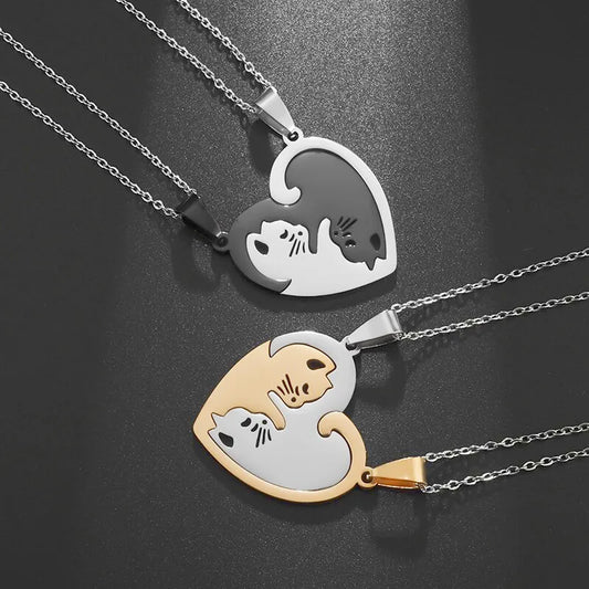 Romantic Cat Love Heart Ying & Yang Matching Couple Necklaces (2 Pcs)