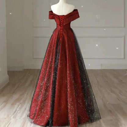 Elegant Crimson & Black Glitter Boat Neck Satin A-Line Evening Gown - 80d3e6-0e.myshopify.com - -  