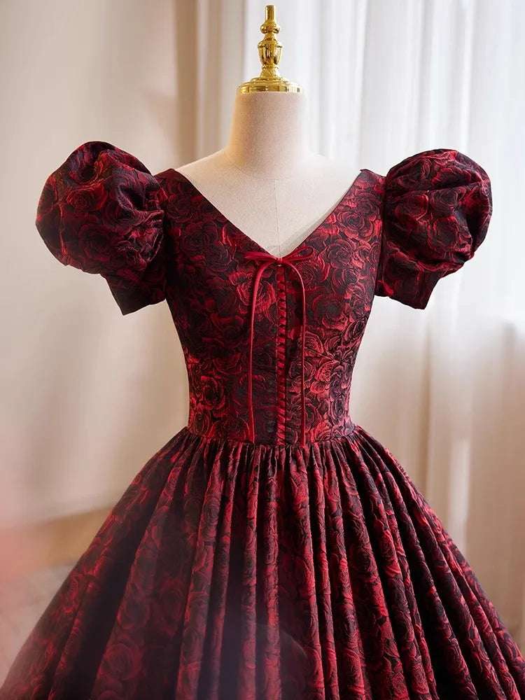 Women's Burgundy & Black Satin A-Line Short Puff Sleeves Vintage Evening Gown - 80d3e6-0e.myshopify.com - -  