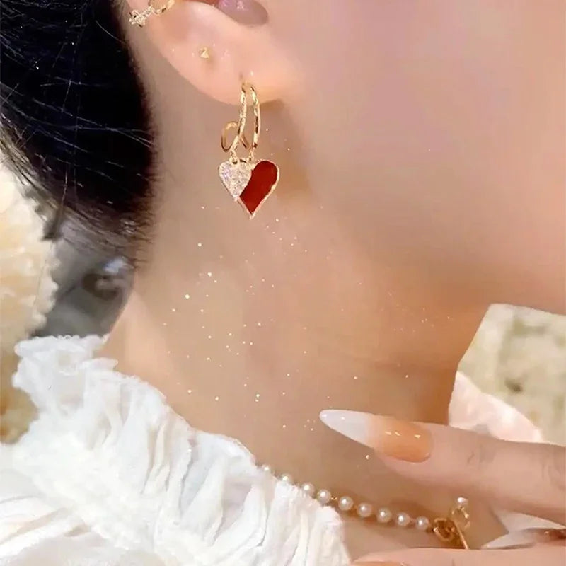 Retro Red Oil Drip Effect Gold & Rhinestone Double Heart-Shaped Hoop Earrings - 80d3e6-0e.myshopify.com - -  