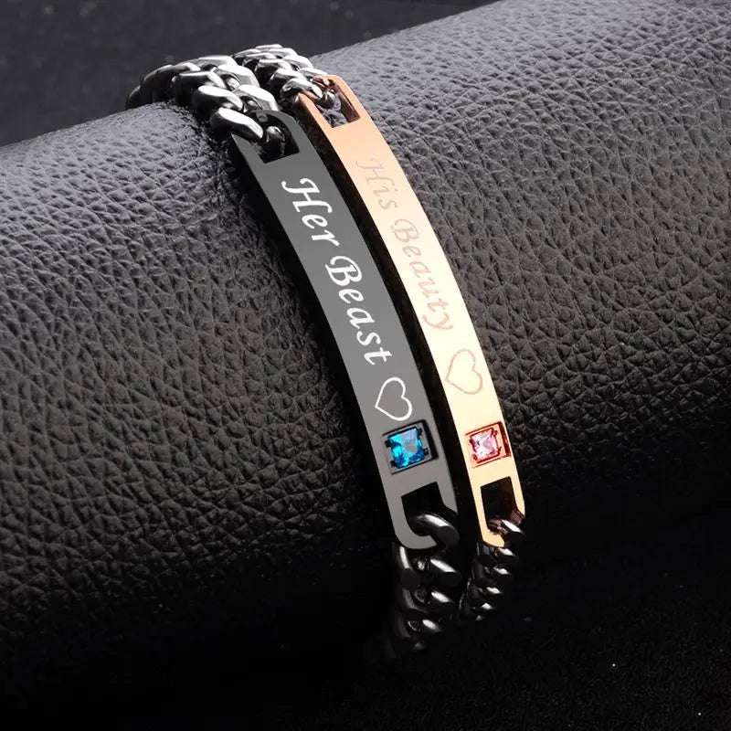 His Queen Her King or His Beauty Her Beast Black Rose Gold Couple Bar Bracelets - 80d3e6-0e.myshopify.com - Beauty Beast 1 Pair -  Beauty Beast 1 Pair