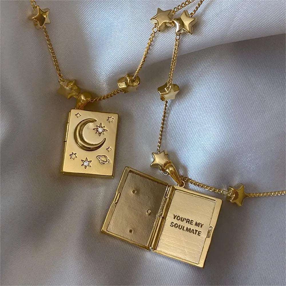 Retro "You Are My Soulmate" Moon Stars Galaxy Couple Story Book Locket Necklace - 80d3e6-0e.myshopify.com - -  