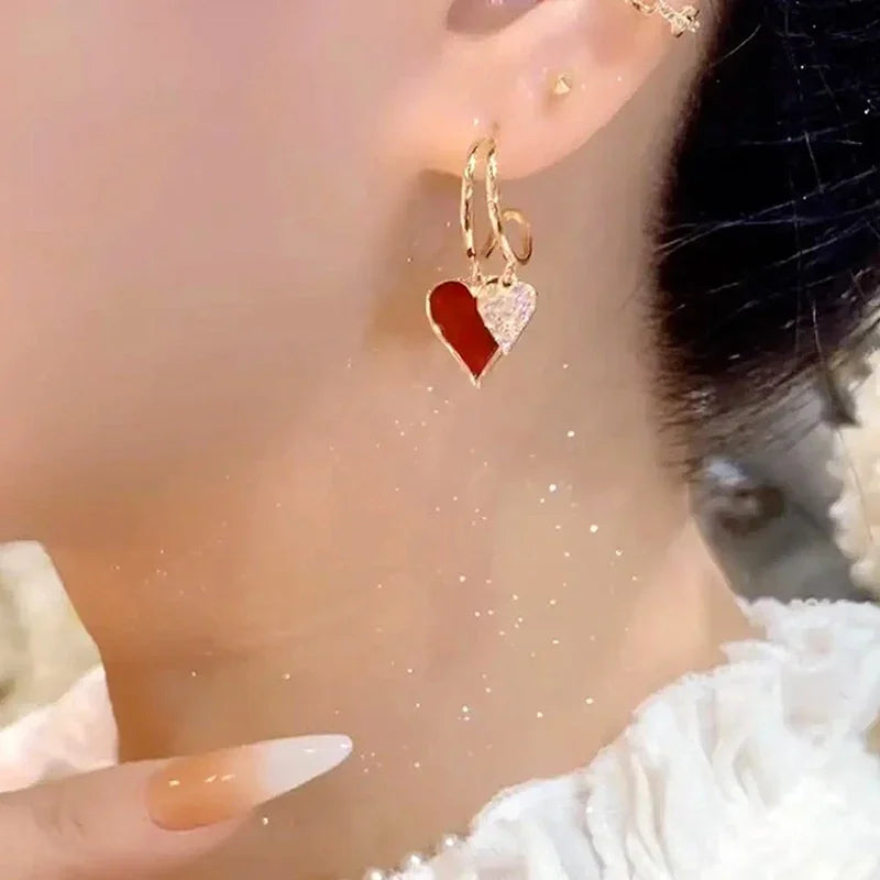 Retro Red Oil Drip Effect Gold & Rhinestone Double Heart-Shaped Hoop Earrings - 80d3e6-0e.myshopify.com - -  