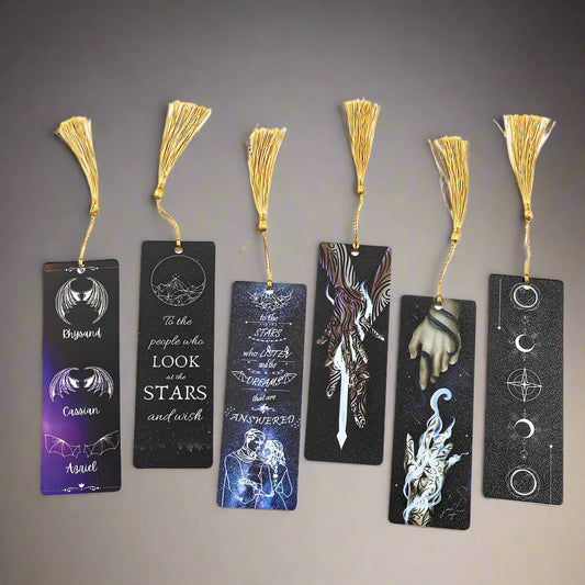 ACOTAR Velaris Moon, Mountain, Bat Wings Acrylic Bookmarks with Golden Tassel