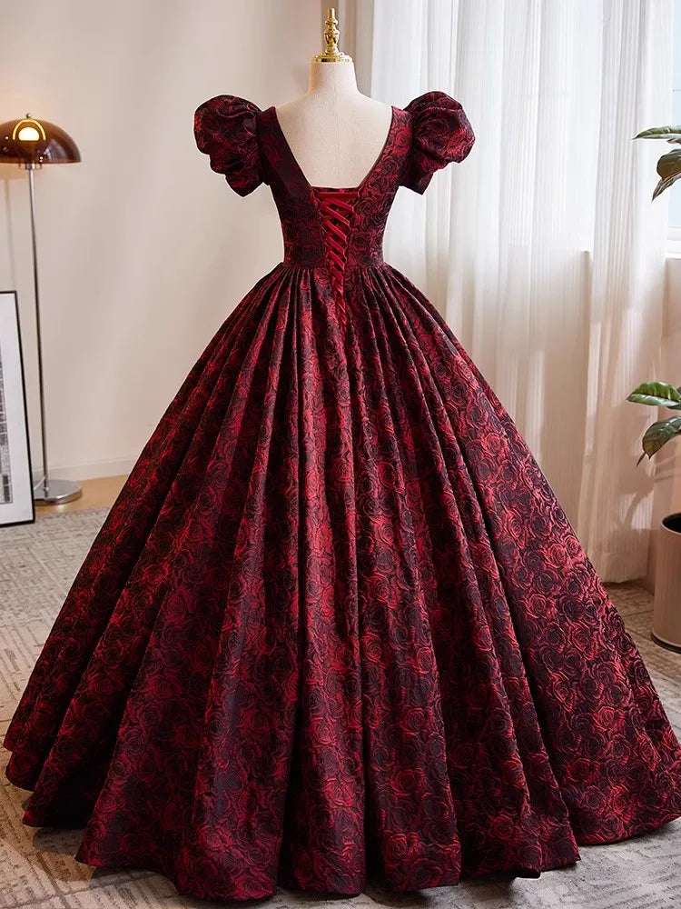 Women's Burgundy & Black Satin A-Line Short Puff Sleeves Vintage Evening Gown - 80d3e6-0e.myshopify.com - -  