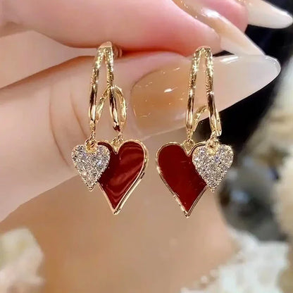 Retro Red Oil Drip Effect Gold & Rhinestone Double Heart-Shaped Hoop Earrings - 80d3e6-0e.myshopify.com - -  