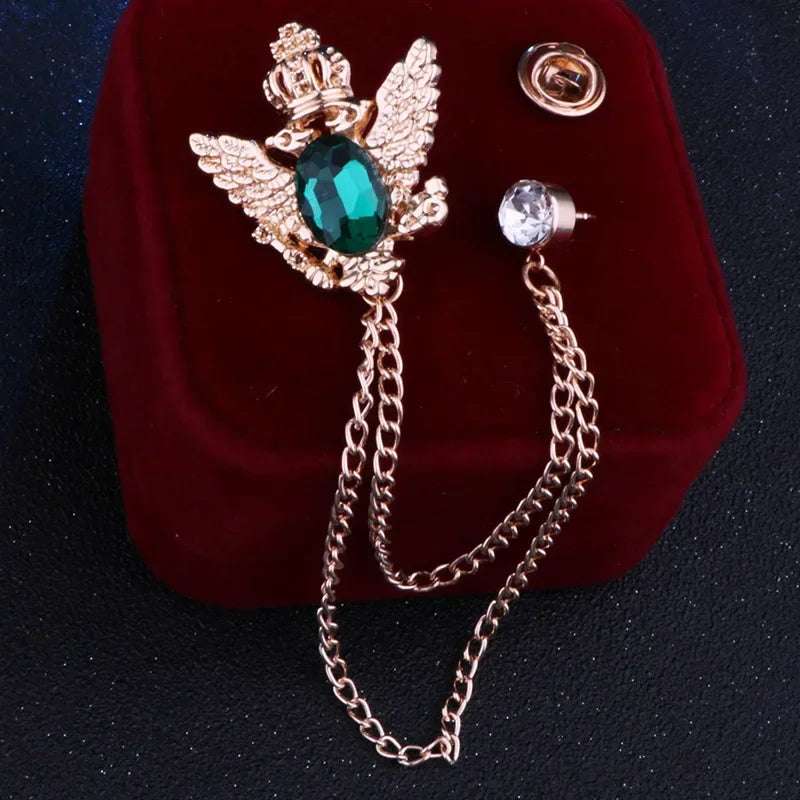 Regal Crowned Double Hawk Fringed Chain Lapel Brooch Pin with Rhinestones - 80d3e6-0e.myshopify.com - Green 1 -  Green 1