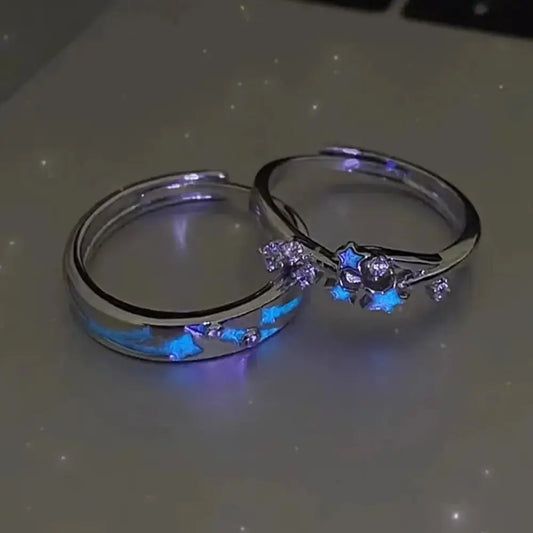 Luminous Galaxy Star Silver Glow in the Dark Matching Couple Ring