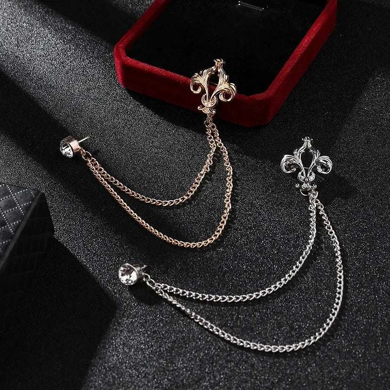 Elegant Fleur de Lis Men's Tassel Chain Brooch Pin with Rhinestone Embellishment - 80d3e6-0e.myshopify.com - -  