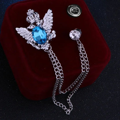 Regal Crowned Double Hawk Fringed Chain Lapel Brooch Pin with Rhinestones - 80d3e6-0e.myshopify.com - Sky Blue 2 -  Sky Blue 2