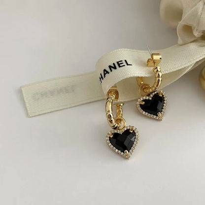 Women's Elegant Gold & Black Zircon Heart Drop Hoop Earrings - 80d3e6-0e.myshopify.com - -  