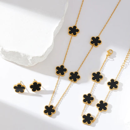 Luxury Black & Gold Five Leaf Clover Flower Necklace, Bracelet & Earrings Set - 80d3e6-0e.myshopify.com - -  