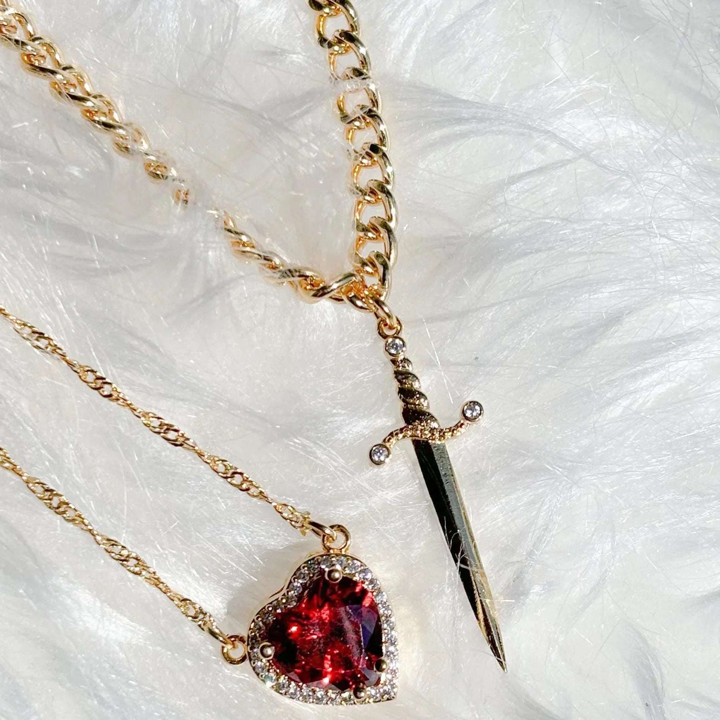 Gothic Heart & Sword Red Zircon Fantasy Pendant Couple Necklaces (2 Pcs) - 80d3e6-0e.myshopify.com - -  