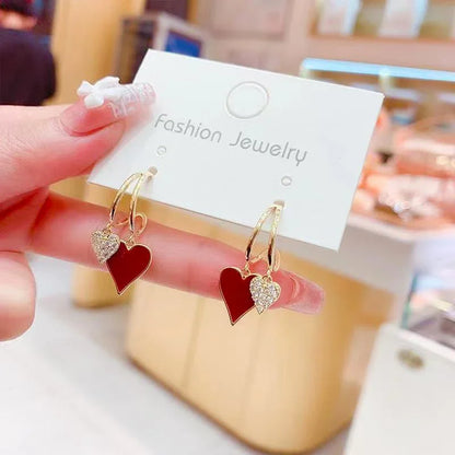 Retro Red Oil Drip Effect Gold & Rhinestone Double Heart-Shaped Hoop Earrings - 80d3e6-0e.myshopify.com - -  