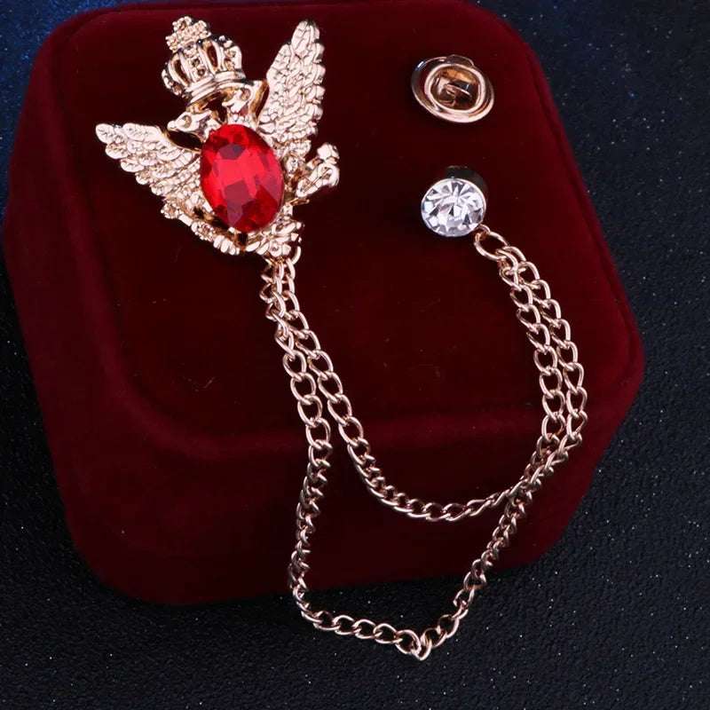 Regal Crowned Double Hawk Fringed Chain Lapel Brooch Pin with Rhinestones - 80d3e6-0e.myshopify.com - Red 1 -  Red 1