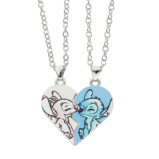 Disney's Stitch & Angel Blue & Pink Love Heart Romantic Couple Necklaces (2 Pcs)