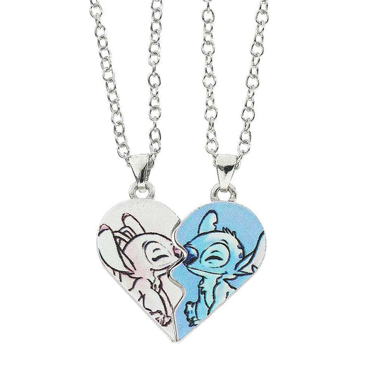 Disney's Stitch & Angel Blue & Pink Love Heart Romantic Couple Necklaces (2 Pcs) - 80d3e6-0e.myshopify.com - Silver -  Silver