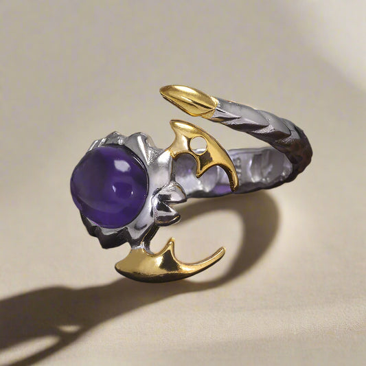 925 Sterling Silver Natural Amethyst Gothic Scorpion Open Unisex Ring - Lovez Aqua© - 