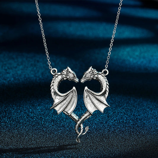 Fourth Wing Stainless Steel Entwined Dragon Couple Heart Shaped Necklace - Lovez Aqua© - basgiath war college, book merchandise, xaden