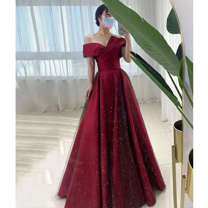 Elegant Crimson & Black Glitter Boat Neck Satin A-Line Evening Gown - 80d3e6-0e.myshopify.com - -  