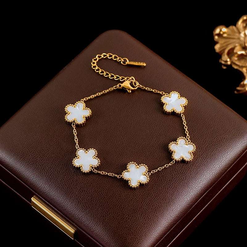 Luxury Black & Gold Five Leaf Clover Flower Necklace, Bracelet & Earrings Set - 80d3e6-0e.myshopify.com - White Bracelet -  White Bracelet