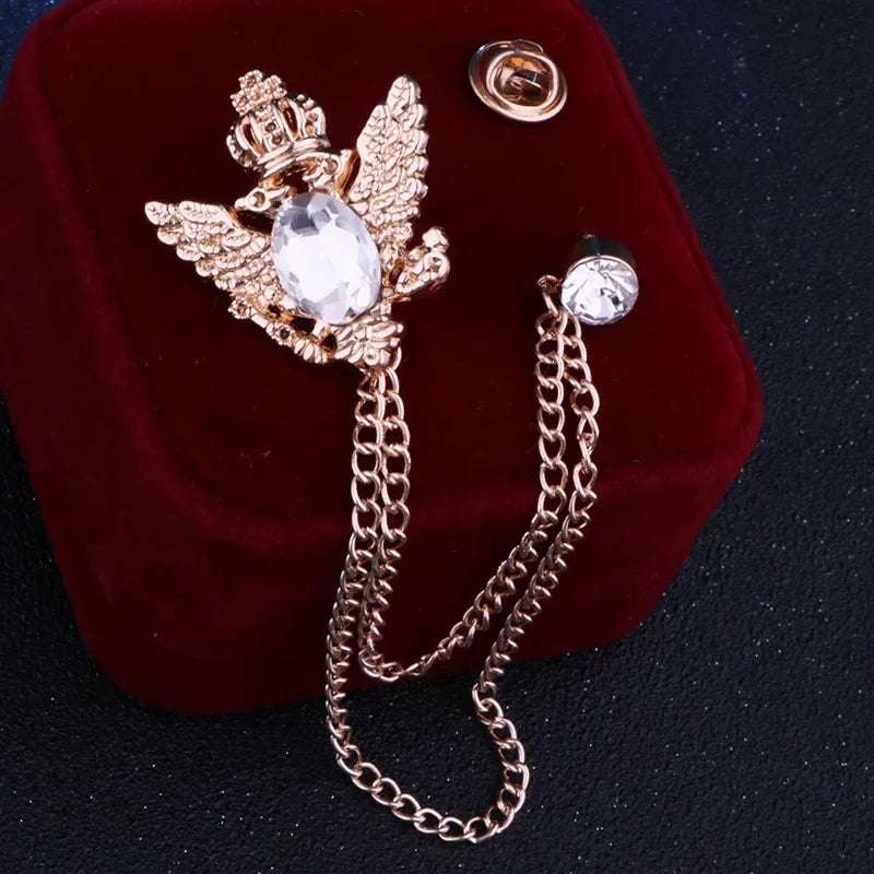 Regal Crowned Double Hawk Fringed Chain Lapel Brooch Pin with Rhinestones - 80d3e6-0e.myshopify.com - White 1 -  White 1