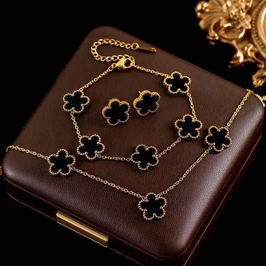 Luxury Black & Gold Five Leaf Clover Flower Necklace, Bracelet & Earrings Set