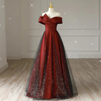 Elegant Crimson & Black Glitter Boat Neck Satin A-Line Evening Gown - 80d3e6-0e.myshopify.com - -  