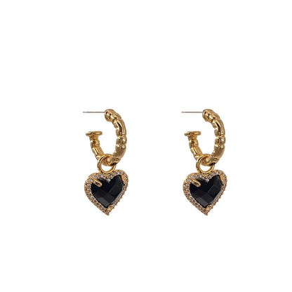 Women's Elegant Gold & Black Zircon Heart Drop Hoop Earrings - 80d3e6-0e.myshopify.com - -  