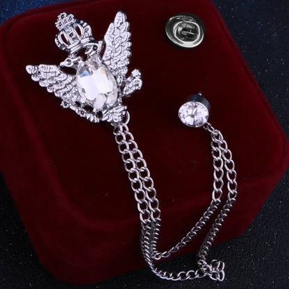 Regal Crowned Double Hawk Fringed Chain Lapel Brooch Pin with Rhinestones - 80d3e6-0e.myshopify.com - White 2 -  White 2