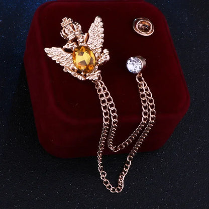 Regal Crowned Double Hawk Fringed Chain Lapel Brooch Pin with Rhinestones - 80d3e6-0e.myshopify.com - Yellow 1 -  Yellow 1