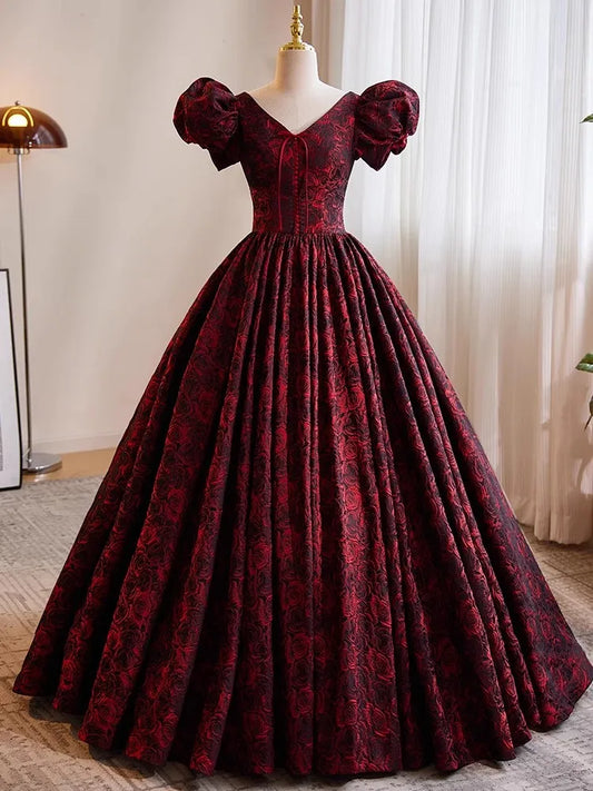 Women's Burgundy & Black Satin A-Line Short Puff Sleeves Vintage Evening Gown - Lovez Aqua© - elegant, gothic, vintage