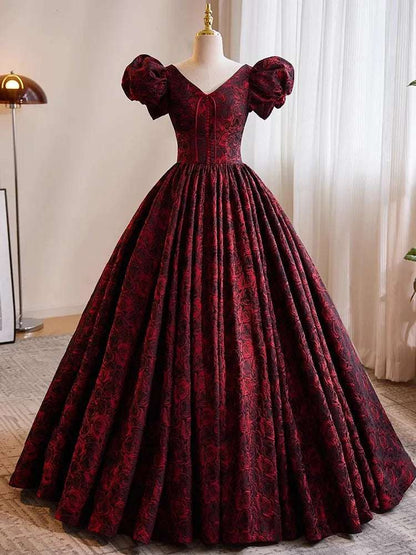 Women's Burgundy & Black Satin A-Line Short Puff Sleeves Vintage Evening Gown - 80d3e6-0e.myshopify.com - -  