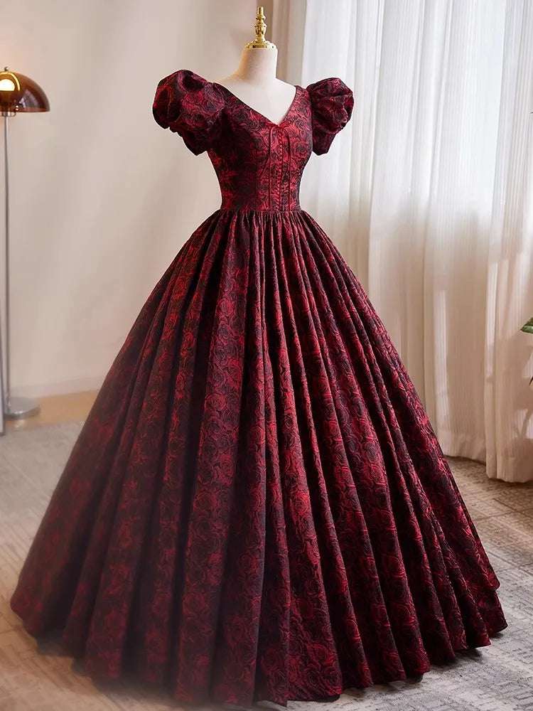 Women's Burgundy & Black Satin A-Line Short Puff Sleeves Vintage Evening Gown - 80d3e6-0e.myshopify.com - -  