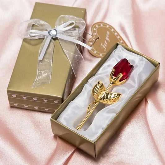 Valentine's Day Gift Crystal Glass Rose with Silver or Gold Gilded Stem