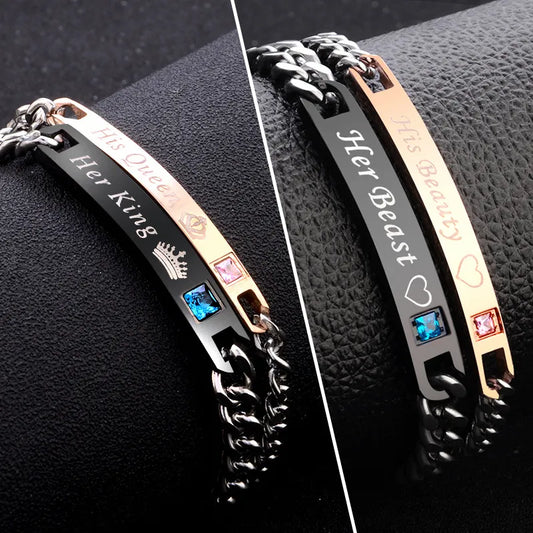 His Queen Her King or His Beauty Her Beast Black Rose Gold Couple Bar Bracelets