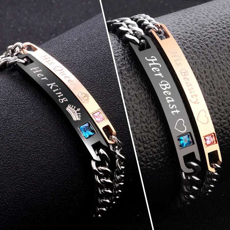 His Queen Her King or His Beauty Her Beast Black Rose Gold Couple Bar Bracelets - 80d3e6-0e.myshopify.com - -  