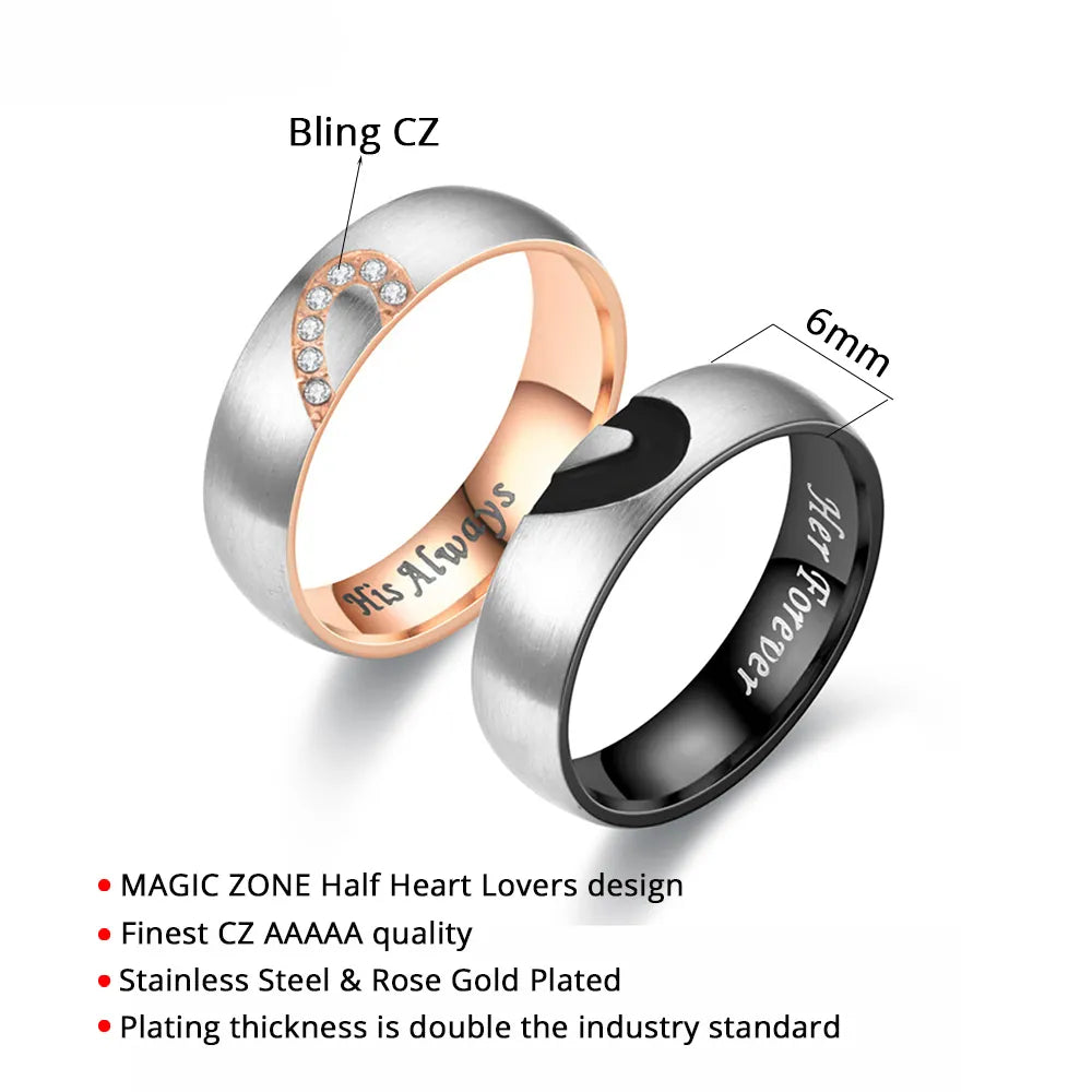 Rose Gold/Black Engraved Zircon Love Heart Matching Couple Promise Ring - 80d3e6-0e.myshopify.com - -  