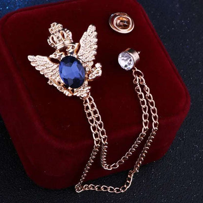 Regal Crowned Double Hawk Fringed Chain Lapel Brooch Pin with Rhinestones - 80d3e6-0e.myshopify.com - Navy Blue 1 -  Navy Blue 1