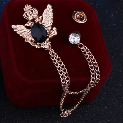 Regal Crowned Double Hawk Fringed Chain Lapel Brooch Pin with Rhinestones - 80d3e6-0e.myshopify.com - Black 1 -  Black 1