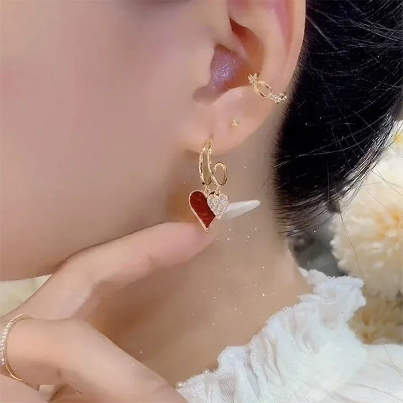 Retro Red Oil Drip Effect Gold & Rhinestone Double Heart-Shaped Hoop Earrings - 80d3e6-0e.myshopify.com - -  