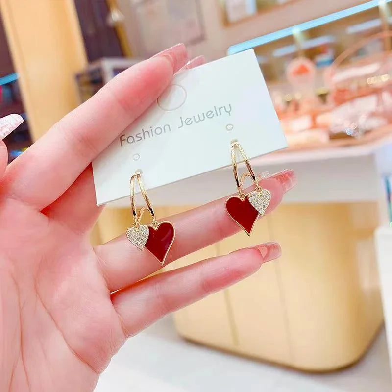 Retro Red Oil Drip Effect Gold & Rhinestone Double Heart-Shaped Hoop Earrings - 80d3e6-0e.myshopify.com - -  