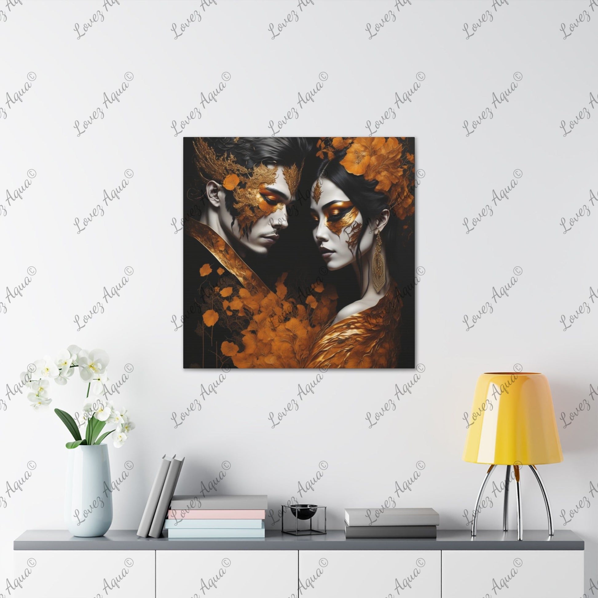 “The Asian Love Story" Metallic Orange Masquerade Acrylic Painting Lovez Aqua© - Lovez Aqua© - Art & Wall Decor, Canvas, Fall Picks, Hanging Hardware, Home & Living, Indoor, Top Spring Products, Valentine's Day promotion