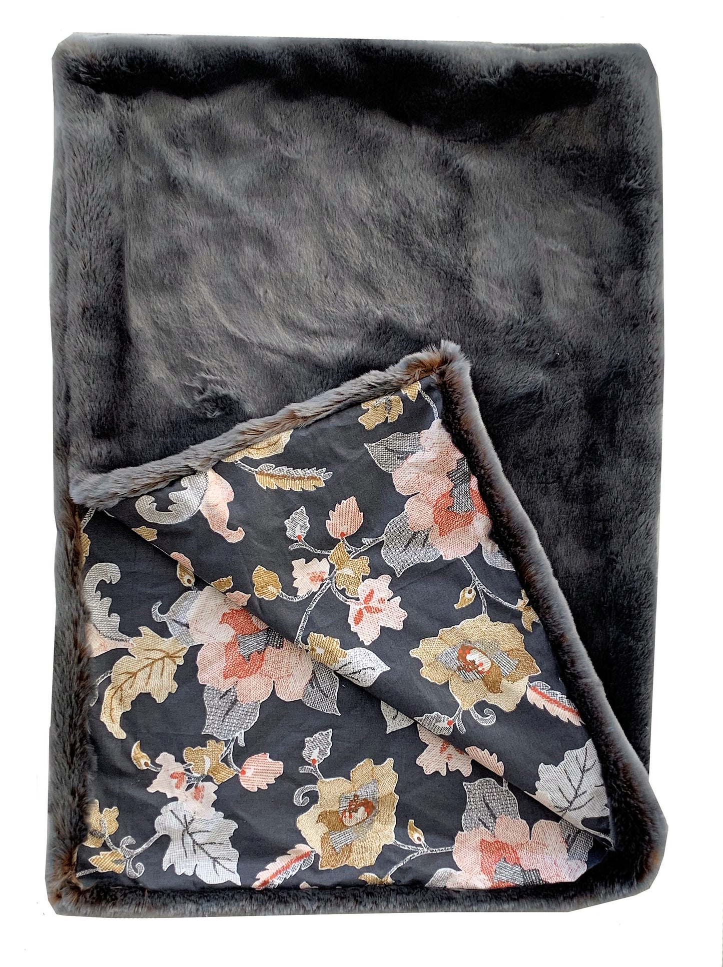 Two Tone Gray & Amber Faux Fur Luxury Throw With Floral Backing - Lovez Aqua© - 