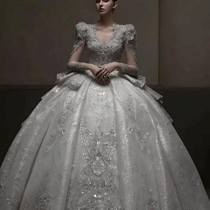 Silk Ivory Multilayered Wedding Gown with Silver Embroidery & Chapel Train