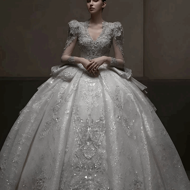 Silk Ivory Multilayered Wedding Gown with Silver Embroidery & Chapel Train - 80d3e6-0e.myshopify.com - -  