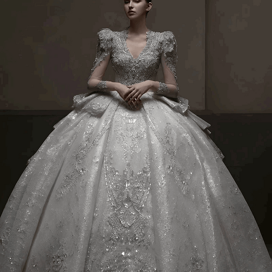 Silk Ivory Multilayered Wedding Gown with Silver Embroidery & Chapel Train - Lovez Aqua© - 