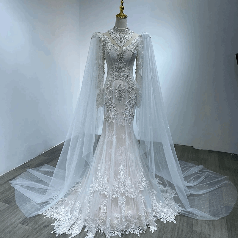 Vintage White Lace Mermaid High Neck Wedding Gown with Detailed Embroidery - 80d3e6-0e.myshopify.com - -  