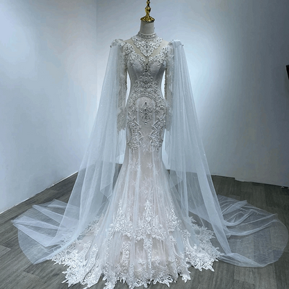 Vintage White Lace Mermaid High Neck Wedding Gown with Detailed Embroidery