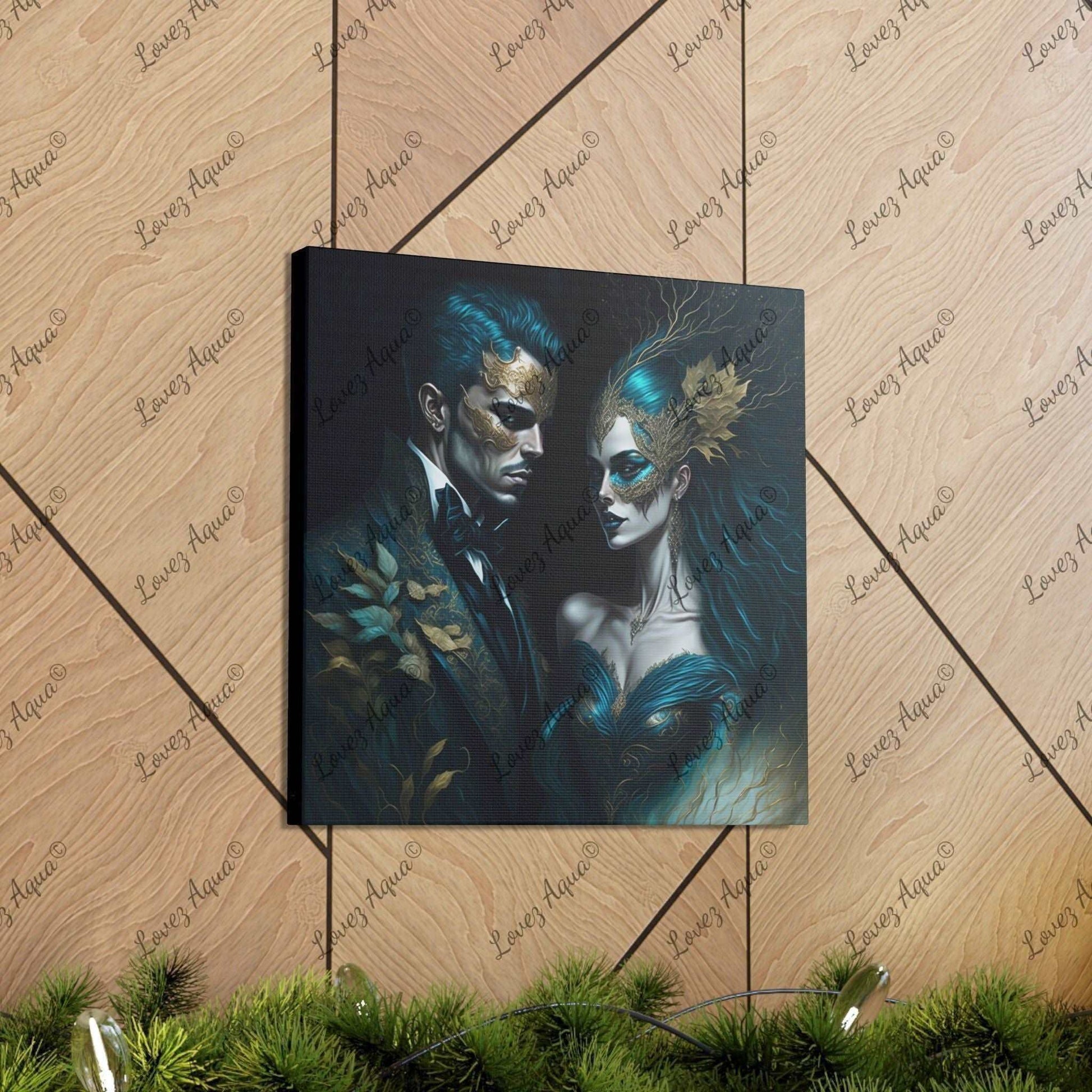 "Venetian Enchantment" Romantic Couple Aqua Masquerade Mask Painting Lovez Aqua© - Lovez Aqua© - Art & Wall Decor, Canvas, Fall Picks, Hanging Hardware, Home & Living, Indoor, Top Spring Products, Valentine's Day promotion